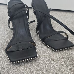 Elegant Black Strappy Heels with Pearl Detailing